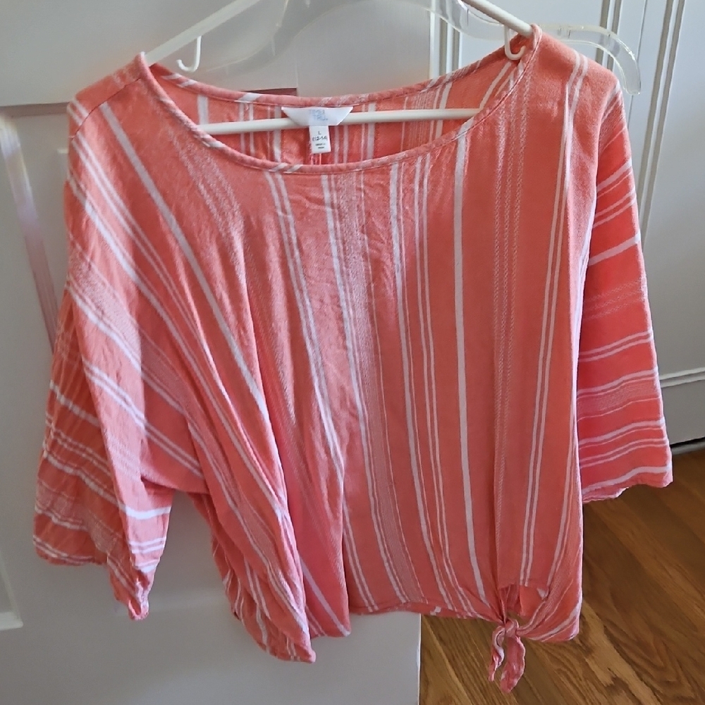 Women's Linen Pink & White Strip Top, Large By Time And True - 70s, Retro Vibe